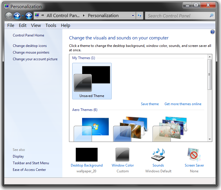 appearance and personalization windows 7 starter