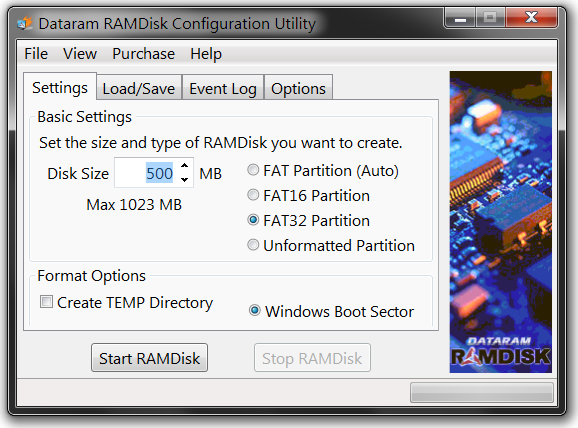 dataram ramdisk configuration utility
